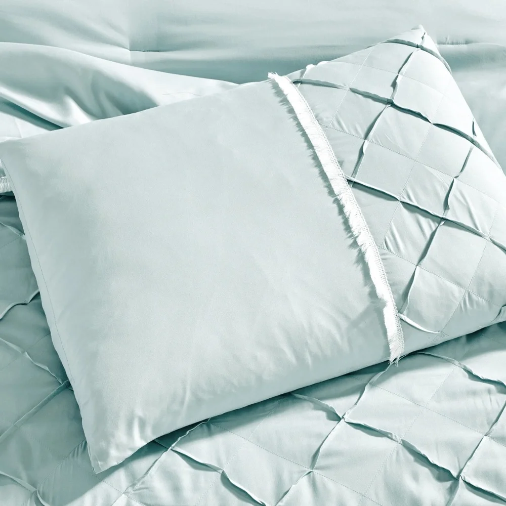 Linen Mart Full/Queen Size Ruffle Baby Blue Pleated Comforter - 7 Piece Set